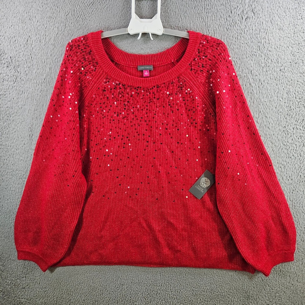 Vince Camuto Womens 2X Red Sequin Embellished Scoop Neck Knit Sweater New